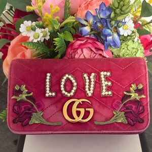 Gucci Fuchsia Embroidered Clutch with Gold Chain